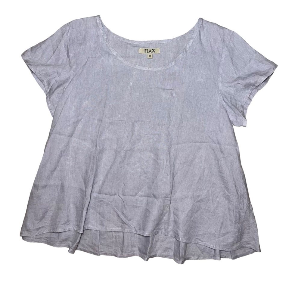 FLAX Women’s Purple Lavender Short Sleeve V Neck Tunic Top Relaxed Medium Linen